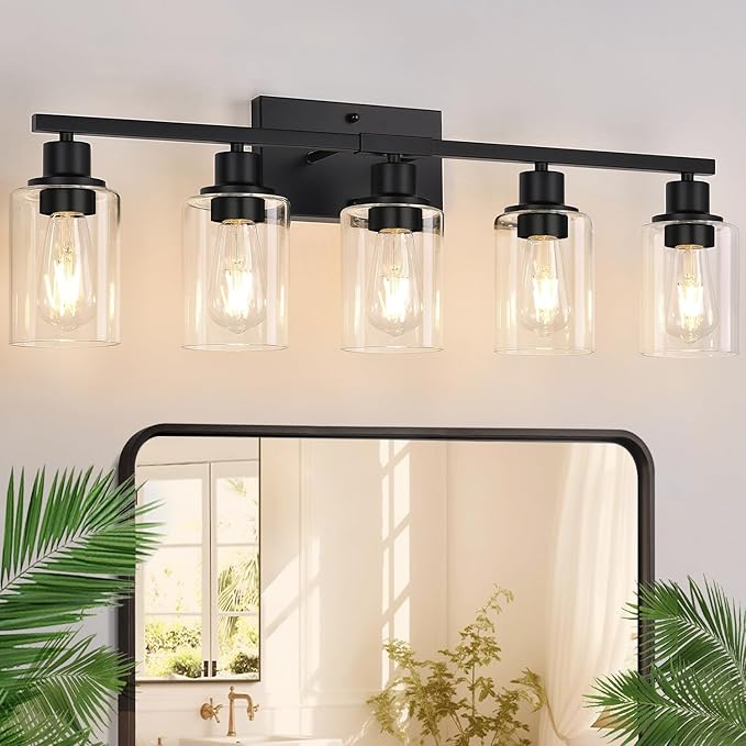 5-Light Bathroom Light Fixtures, Matte Black Modern Vanity Lights with Clear Glass Shades, Bathroom Vanity Light for Mirror Living Room Cabinet Bedroom Porch-CasaMuseHome