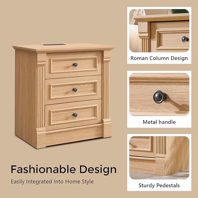 26" Tall Farmhouse Nightstand, 3 Drawers End Table w/Charging Station, 23.6" Wide Large Side Table w/Roman Column, Wood Rustic Sofa Table for Bedroom, Natrual-CasaMuseHome