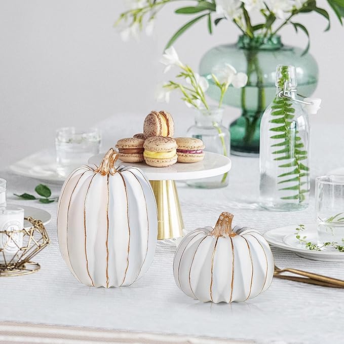 2Pcs Halloween Pumpkin Artificial Resin Pumpkins Decor for Mantel Harvest Autumn Tabletop Decoration Gold Fall Pumpkin Decorations Thanksgiving Table Centerpieces (Set C, ONE Size)-CasaMuseHome