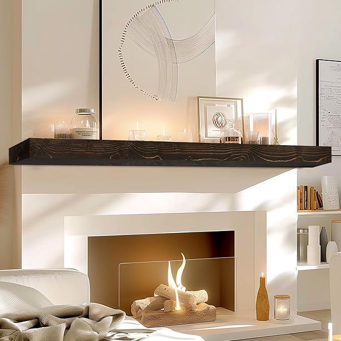 72x8x3 Fireplace Mantel - Solid Rustic Wood - Wall Mounted Floating Shelf with Invisible Heavy Duty Steel Bracket (Weathered Black)-CasaMuseHome