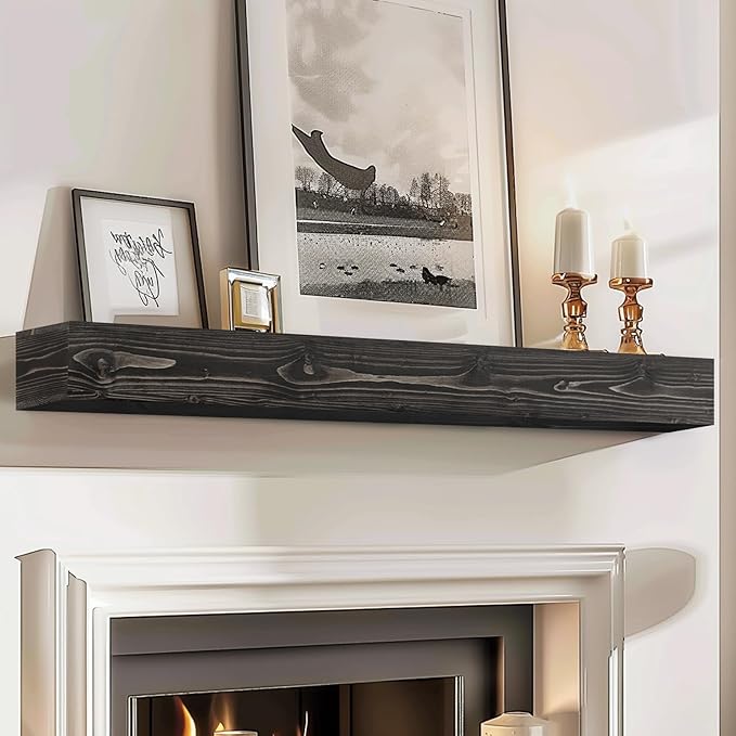 56x8x5 Fireplace Mantel - Handcrafted Hollow Rustic Solid Wood Wall Mounted Floating Shelf with Invisible Heavy Duty Wood Bracket (Weathered Black)-CasaMuseHome