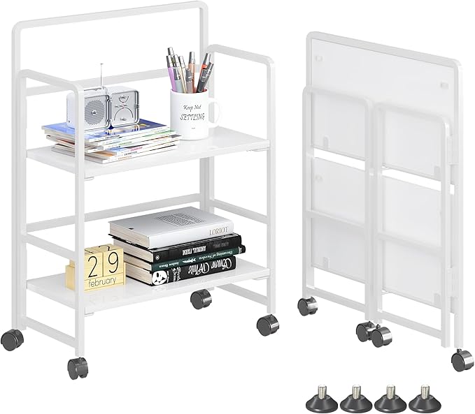 4NM 2 Tiers No-Assembly Folding Bookshelf with Wheels, Portable Rolling Storage Bookcase & Compact Side Table for Living Room, Bedroom, Kitchen, Bathroom (All White)-CasaMuseHome
