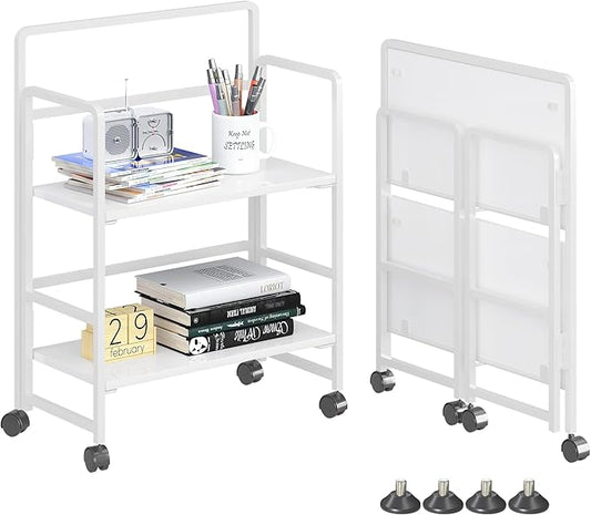 4NM 2 Tiers No-Assembly Folding Bookshelf with Wheels, Portable Rolling Storage Bookcase & Compact Side Table for Living Room, Bedroom, Kitchen, Bathroom (All White)-CasaMuseHome
