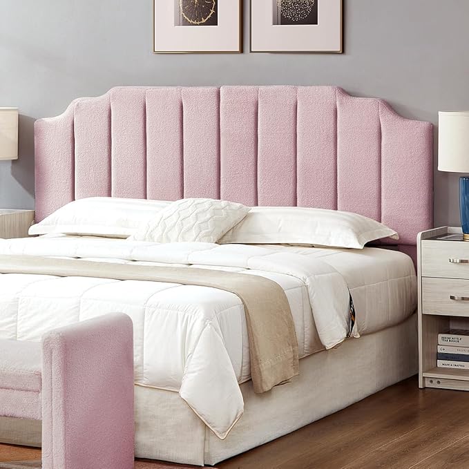 24KF Pink Teddy Fabric Tufted King Upholstered Headboard, Modern Vertical Channel Design California King Headboard with Stepped Silhouette Top Edge,6026-K-Teddy Pink-CasaMuseHome