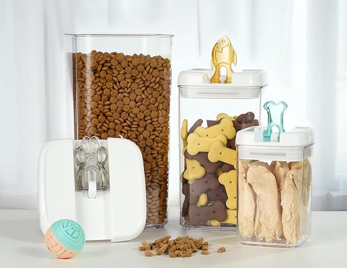 Felli Flip Tite Pet Food Container with Airtight Lids, BPA FREE Acrylic Canister with Paw Bone Fish Flip Top Handles for Cat Dog Kibble Treats Storage, Keep Fresh (Pet Collection Nest-L3pk)-CasaMuseHome