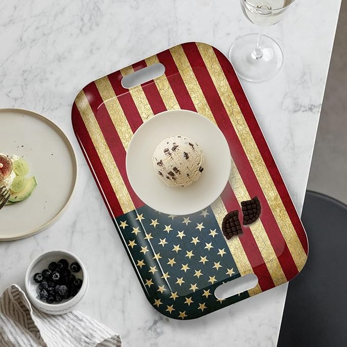 Serving Trays with Handles, 14.5 x 9.8 inch Rectangular Plastic Tray for Restaurant, Kitchen, Vintage United States of America Flag-CasaMuseHome