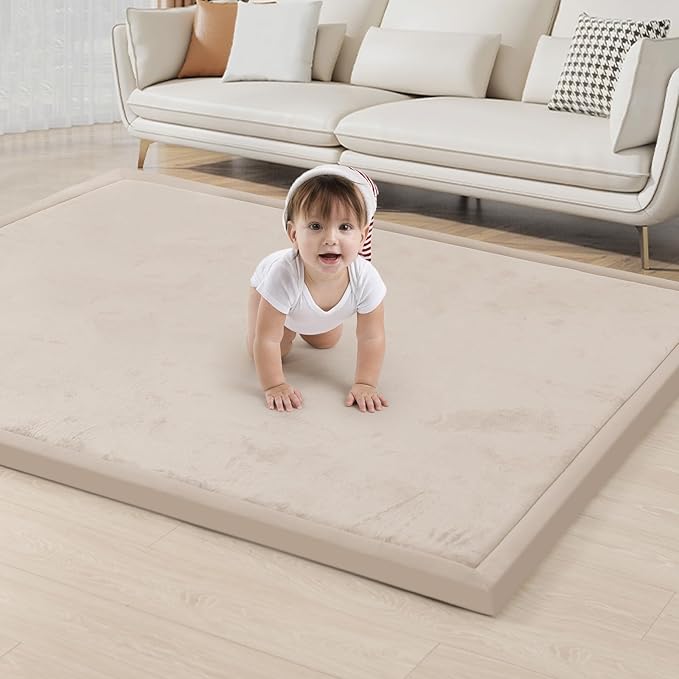 ACOMOPACK Baby Play Mat for Floor 1.3" Thick Memory Foam Play Mat 79"×157 Tummy Time Crawling with Non-Slip Bottom for Living Room,Nursery,Soft Velvet Playpen Mats for Kids,Infants（Beige）-CasaMuseHome