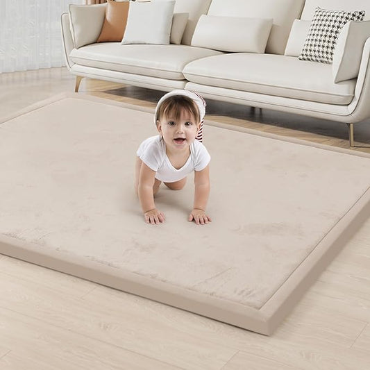 ACOMOPACK Baby Play Mat for Floor 1.3" Thick Memory Foam Play Mat 79"×118" Tummy Time Crawling with Non-Slip Bottom for Living Room,Nursery,Soft Velvet Playpen Mats for Kids,Infants（Beige）-CasaMuseHome