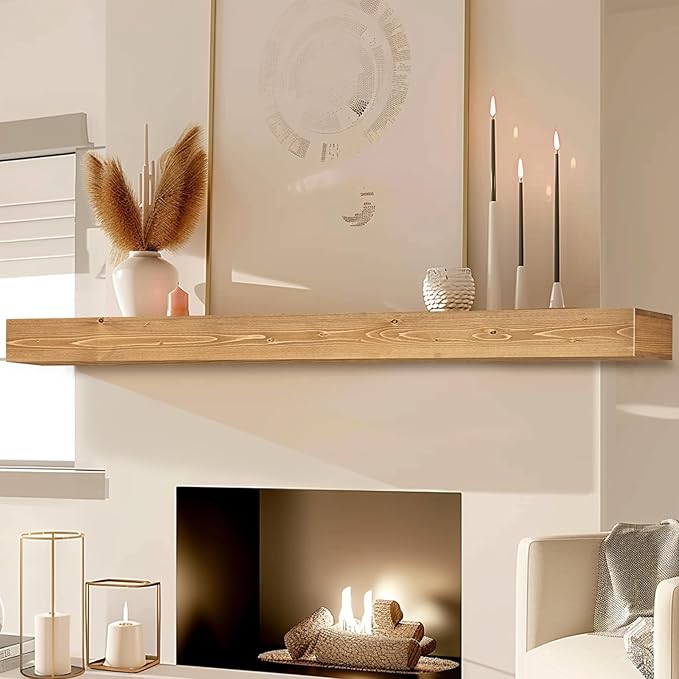 72x8x3 Fireplace Mantel - Handcrafted Hollow Rustic Solid Wood Wall Mounted Floating Shelf with Invisible Heavy Duty Wood Bracket (Natural Wood)-CasaMuseHome