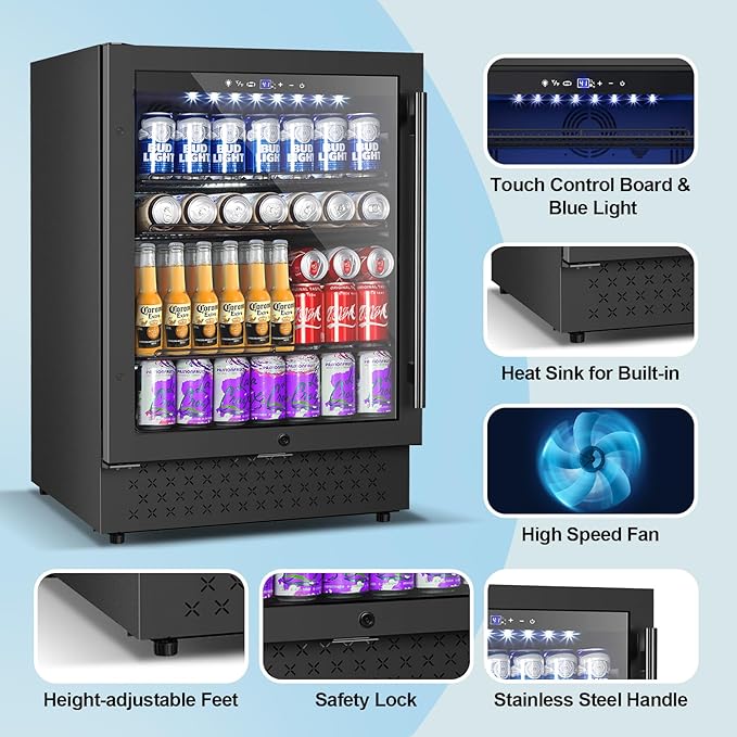 24 Inch Beverage Refrigerator, 5.2 Cu. Ft. Drink Refrigerator with Glass Door, 200 Cans Under Counter & Freestanding Drink Fridge, Reversible Door, Built-In Beverage Cooler for Kitchen, Bar or Office.-CasaMuseHome