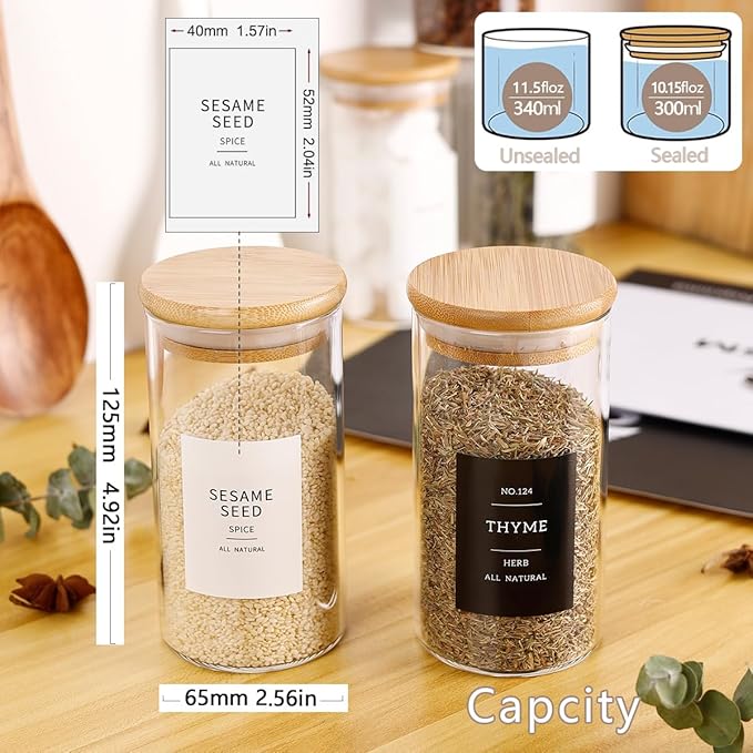 12 Pcs Glass Spice Jars With 296 Spice Labels Preprinted of White and Black Color- 10oz Thicken(2.4mm) Spice Containers With Bamboo Airtight Lids - Empty Small Herb Seasoning Jars-CasaMuseHome