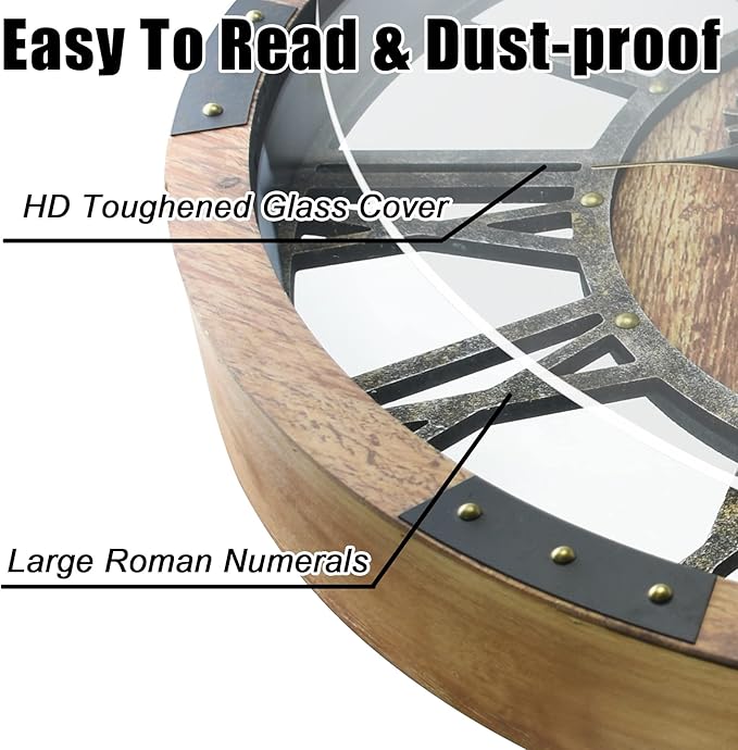 27 inch Large Real Moving Gears Wall Clock with Toughened Glass Cover, Oversized Vintage Solid Wood Farmhouse Clock, Giant Decorative Rustic Wall Clock for Living Room Home Kitchen Office (Brown)-CasaMuseHome