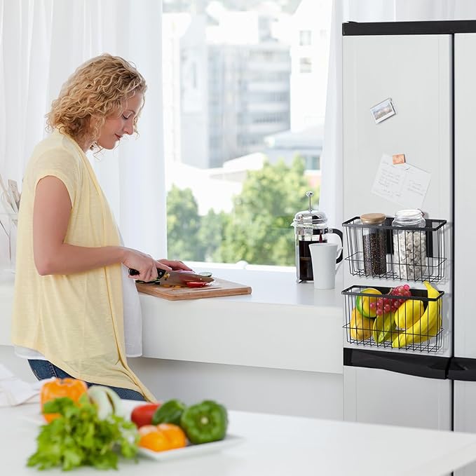 3 Pcs Magnetic or Adhesive Refrigerator Organizer Magnetic Baskets Kitchen Holder for Refrigerator Metal Shelf Rack Storage with 2 Types of Installation(Black)-CasaMuseHome