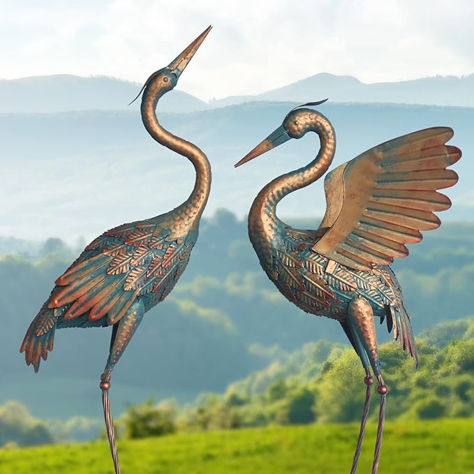 33-37 Inch Metal Crane Garden Statue Décor, Bird Heron Garden Sculpture & Statues, Outdoor Decoration for Yard Pond Lawn Backyard Pool, Vintage Spread Wings Crane, Set of 2 Copper…-CasaMuseHome