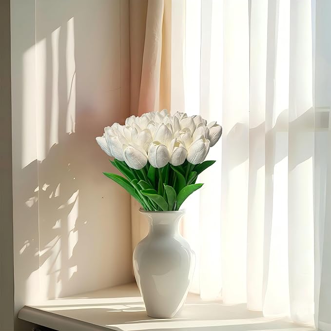 15pcs White Tulips PU Artificial Flowers Real Touch Fake Tulips for Spring Easter Home Kitchen Wedding Bouquet Bulk Mother's Gift Day Decorations-CasaMuseHome