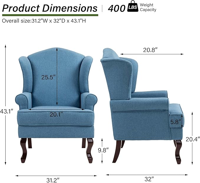 Accent Chair, High Back Upholstered Armchair with High Resilience Sponge & Wood Legs, Mid-Century Modern Comfy Single Sofa Reading Chairs for Living Room, Bedroom (Blue, Set of 2)-CasaMuseHome