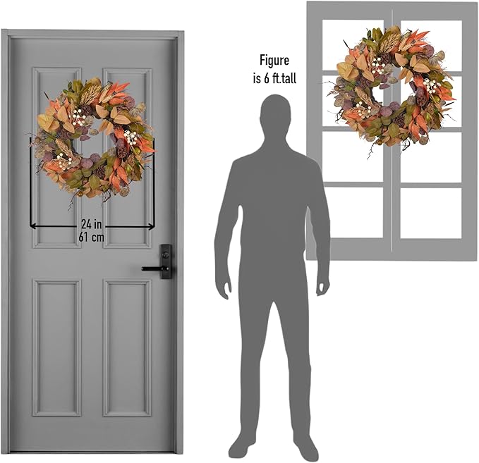 24" Fall Wreath for Front Door Handmade with Artificial Autumn Leaves, Natural Pinecones, Faux Berries and Wheat, Autumn Harvest Wreath Decoration for Home Farmhouse Door Wall Window Porch-CasaMuseHome