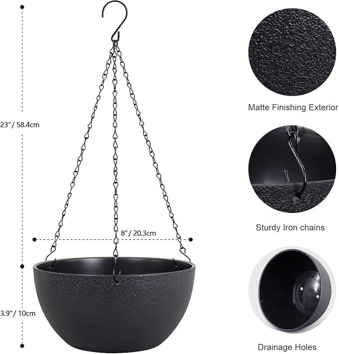 8 inch Small Hanging Planters Plant Pots for Indoor Outdoor Plants, 2 Pack Hanging Flower Pots with Drainage Holes and Chain for Garden Porch, Plastic Hanging Baskets for House Plants, Black-CasaMuseHome
