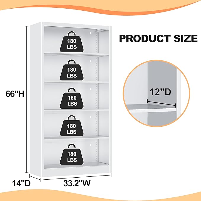 66" Tall Metal Bookcase, 5 Shelf White Bookcase with Adjustable Shelves, Large Bookshelves and Bookcases, Modern Book Shelf Storage Organizer for Living Room, Home Office, Library-CasaMuseHome