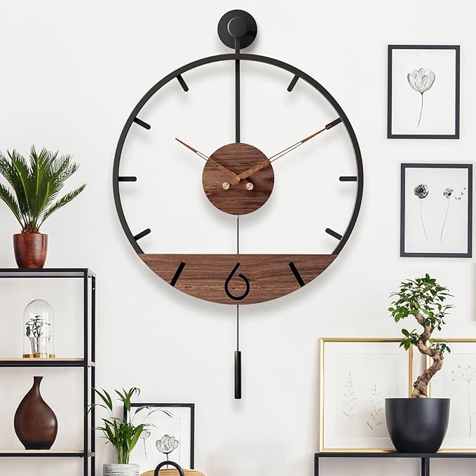 34.6×24 Inch Large Modern Decorative Pendulum Wall Clock,Big Metal Farmhouse Oversized Silent Wall Clocks Minimalist Elegant Walnut Dial Pointers for Living Room,Office,Dining Room Decor-CasaMuseHome