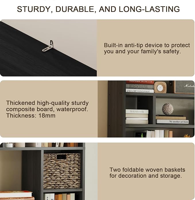 71” Tall Open Black Bookcase with Baskets, Free-Standing 6-Tier Wooden Display Storage Bookshelves with 16 Irregular Cubes for Living Room, Home Decor-CasaMuseHome