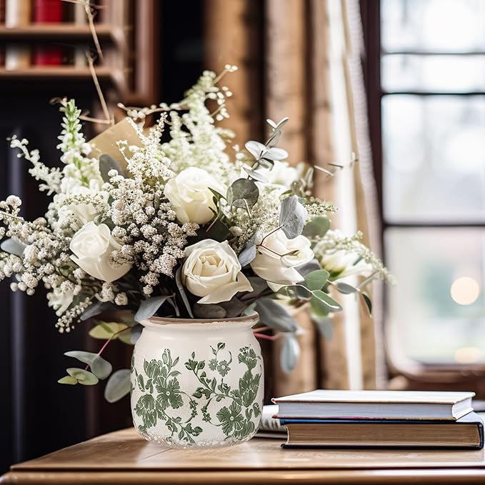 2 Pcs Vintage Planter Large Ceramic Plants Pot Beige Green Vintage Floral Ice Crack Cottage Scroll Vase Flower Vase Pot Indoor Plants Home Kitchen Decor Farmhouse Antique Decorative Gifts-CasaMuseHome