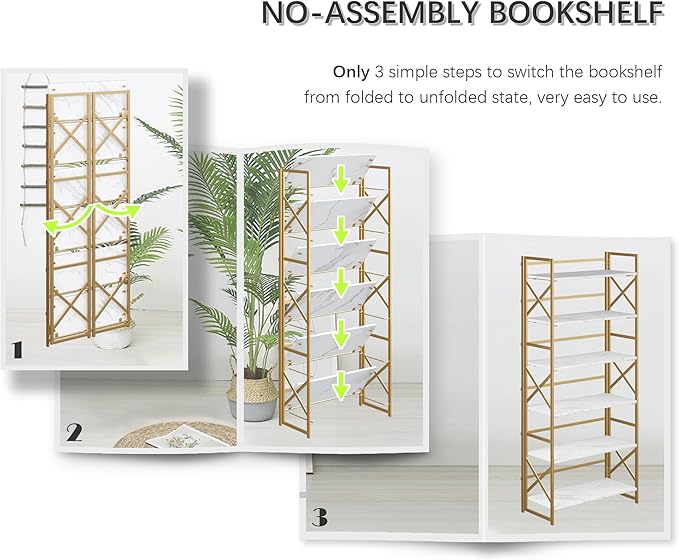 4NM 6 Tiers No Assembly Book Shelves, 61.8" H Folding Bookshelf Bookcase Open Industrial Foldable Shelves for Bedroom, Living Room, Home Office - White Gold-CasaMuseHome