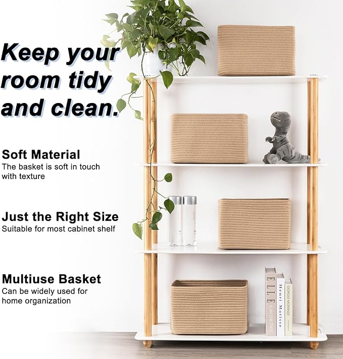 4 Pack Storage Baskets for Organizing, Woven Baskets for Shelves - Perfect for Toys, Books, Towels, and Clothes, Durable Gift Basket Bins Toy Storage, 12.7''L x9''W x7.8''H, Jute-CasaMuseHome