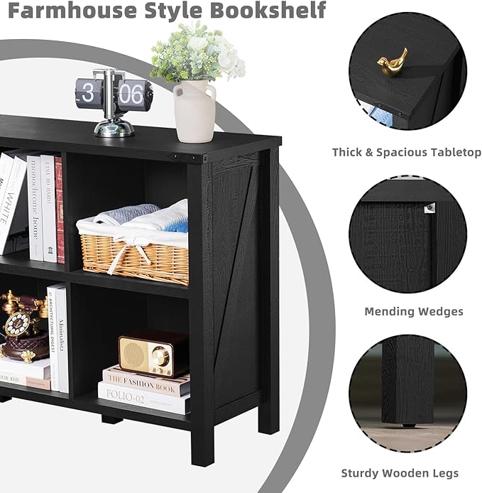 8 Cube Book Shelf, Farmhouse Wood Long Storage Organizer Bookcase, 62" Horizontal Black Console Closet Bookshelf, Hallway TV Stand for Entryway, Display Cabinet Book Case for Living Room-CasaMuseHome