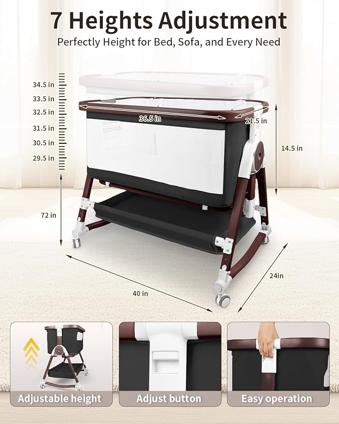 4 in 1 Baby Bassinet, Bassinets Bedside Sleeper with Wheels and Storage Basket, Adjustable 7 Heights Bedside Sleeper with Mosquito Net, Breathable Mesh Rocking Bassinet for Baby-CasaMuseHome