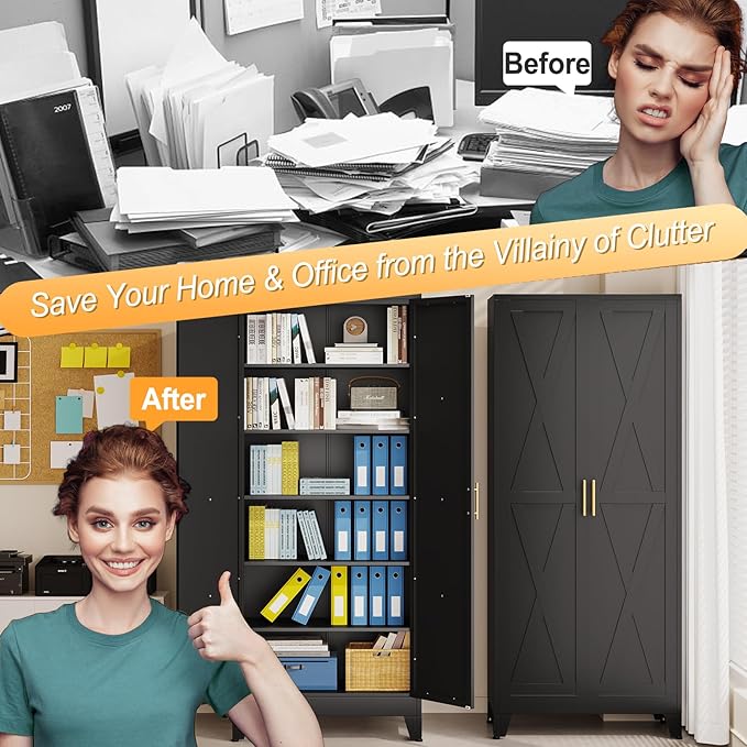 75" Tall Metal Kitchen Pantry Storage Cabinet, Freestanding Cupboard with 2 Doors and 5 Adjustable Shelves, Standing Storage for Kitchen, Bathroom, Garage, Dinning Room or Utility Room（Black）-CasaMuseHome