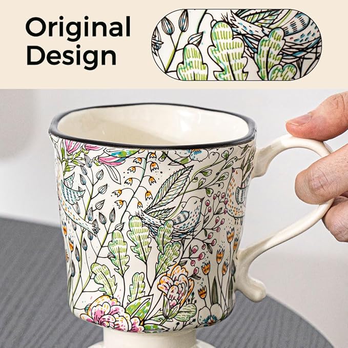 360ml -12.17oz Painted Garden floral Ceramic Mug - Cute Espresso Latte Shot Cup - Gift for Women, Dishwasher Safe-CasaMuseHome