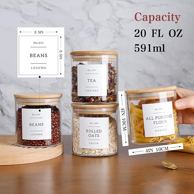 20 OZ Glass Food Storage Jars with 132 Pantry Labels Preprinted - 6 Pcs Thicken Glass Storage Containers with Airtight Bamboo Lid - Clear Kitchen Canister for Spice, Tea, Coffee, Sugar, Cookie, Candy-CasaMuseHome