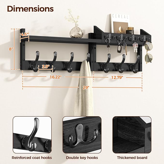 29" Coat Rack Wall Mount with Shelf, 4 in 1 Wall Mounted Coat and Key Hanger with 11 Hooks, Entryway Key Holder with Mail Holder for Living Room, Bedroom, Black-CasaMuseHome