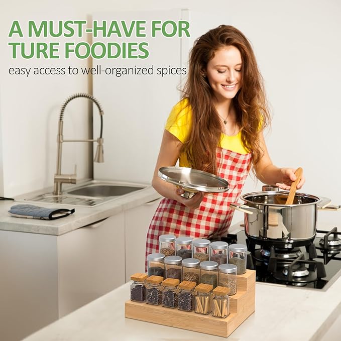 2 Pack Bamboo Spice Rack Organizer for Countertop, 3 Tier Spice Step Shelf for Cabinet (Jars Not Included)-CasaMuseHome