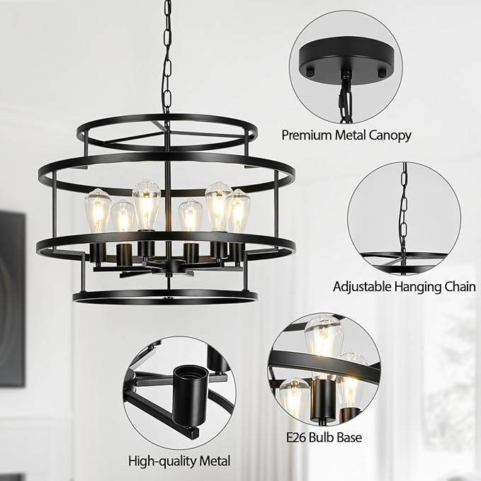 24" Black Chandelier, 6-Light Farmhouse Pendant Light Fixture with Geometric Metal Frame, Modern Industrial Ceiling Hanging Light for Dining Room, Living Room, Bedroom, Kitchen Island, Hallway, Foyer-CasaMuseHome