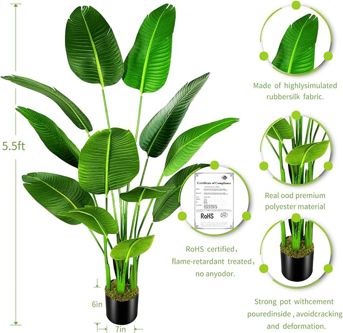 5.5ft Artificial Silk Bird of Paradise Palm Tree (65in) with 12 Trunks Faux Tree and Plastic Nursery Pot, Fake Plant for Office House Farmhouse Living Room Home Decor (Indoor/Outdoor)-CasaMuseHome