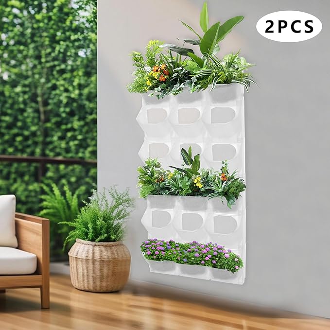 12Pieces 3-Pot Wall Planter Vertical Garden Plant Walls Wall Mounted Vertical Planter with Water-Storage Layer Stackable Wall-Mounted Flower Pot for Gardens, Balconies 180.78lbs Total Capacity (White)-CasaMuseHome
