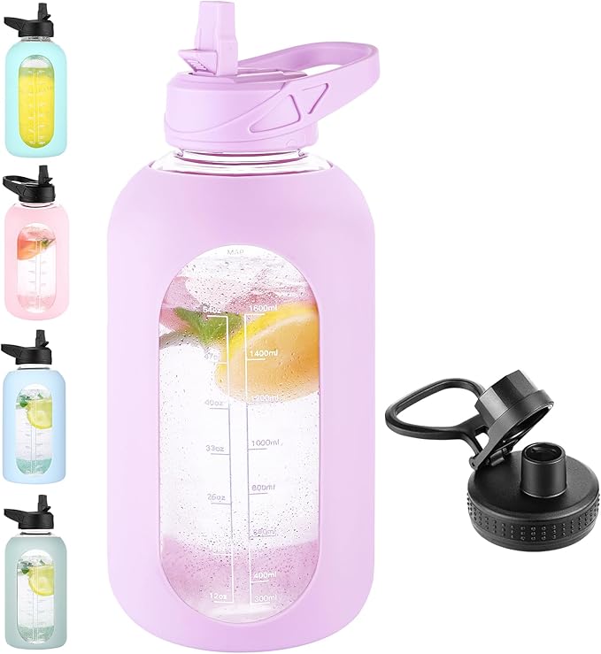 64 oz Glass Water Bottle With Straw and Handle, Half Gallon Sports Motivational Water Jug Flask with Silicone Sleeve, Large Water Cup with Time Marker for Travel, Gym, Purple-CasaMuseHome