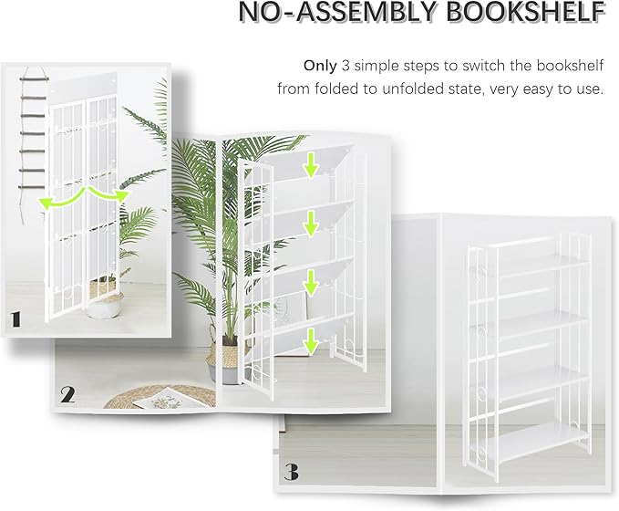 4NM No Assembly 4 Tiers Folding Bookshelf, 47.2" H Foldable Storage Shelves Vintage Bookcase Standing Racks Study Organizer Home Office - All White-CasaMuseHome