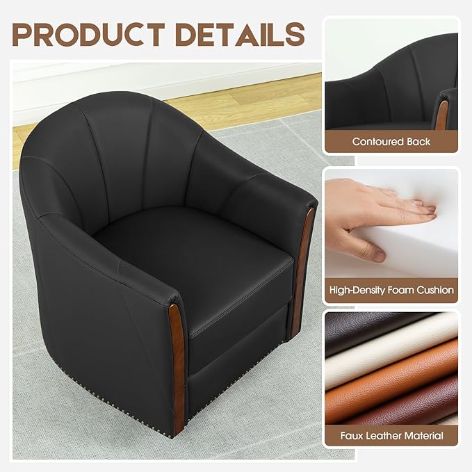 360° Swivel Accent Chair, Modern Leather Barrel Club Chair with PU Leather Upholstery and Sturdy Wood Base, Comfortable Armchair for Living Room, Bedroom, Reading Nook, Black-CasaMuseHome