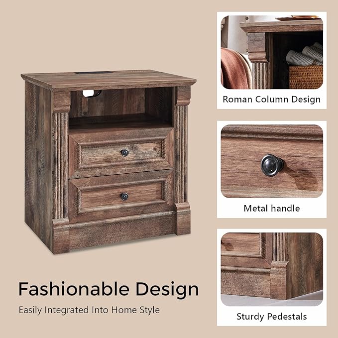 26" Tall Farmhouse Nightstand, 2 Drawers End Table w/Charging Station, 23.6" Wide Large Side Table w/Roman Column, Wood Rustic Sofa Table w/Open Shelf, Bedside Table for Bedroom, Light Brown-CasaMuseHome