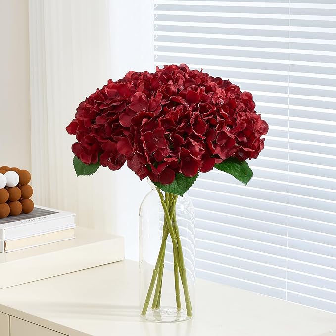 8Pcs Burgundy Fake Flowers Silk Hydrangea Artificial Flowers Bouquets Faux Hydrangea Stems for Home Table Centerpieces Wedding Party Decoration-CasaMuseHome