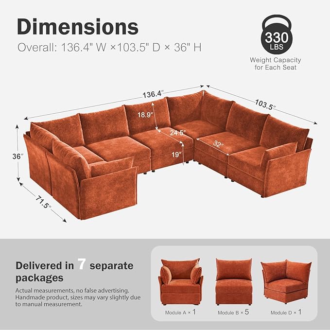 136.4" Oversized Modular Sectional Sofa, U Shaped Convertible Couch with Movable Ottoman, Large 7 Seat Corner Couches for Living Room Deep Seat Terracotta Orange Chenille-CasaMuseHome