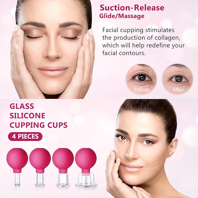 4 Size Facial Cupping Therapy Set Glass, Eye Face Vacuum Massage Anti Cellulite Cup - Silicone, for Beauty Body Cup Lymphatic Fascia Massager (Gift Box Packaging-red)-CasaMuseHome