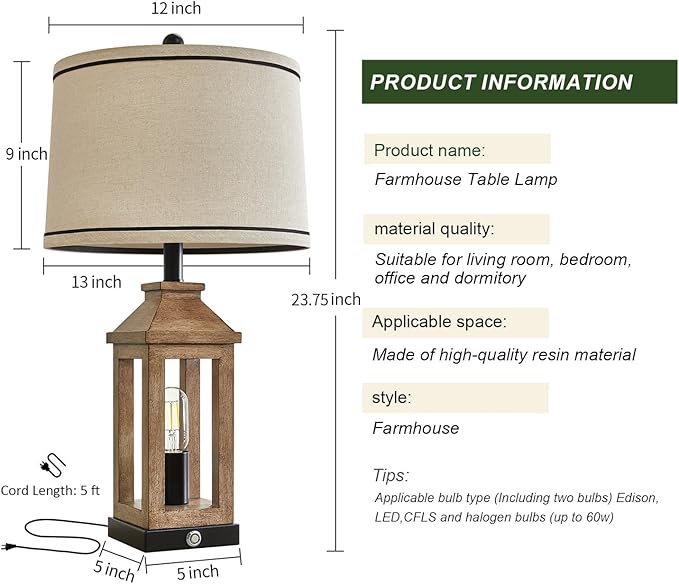 23.75" Farmhouse Table Lamps USB A+C Charging Ports 3-Way Dimmable Touch Control Lamp Nightlight Vintage Modern Lamp for Living Room Bedroom with 2 Light Sources-CasaMuseHome
