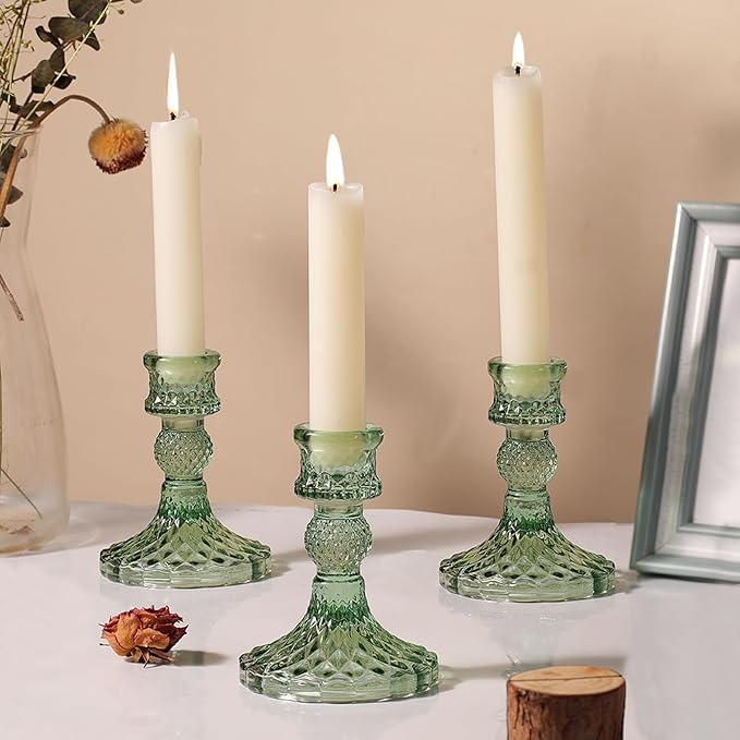 12Pcs Green Candlestick Holders Set- 4" H Taper Candle Holders Bulk, Glass Candle Holders for Wedding, Party, Romantic Dinner Table Centerpieces, Festival Gifts & Windowsill Decor-CasaMuseHome