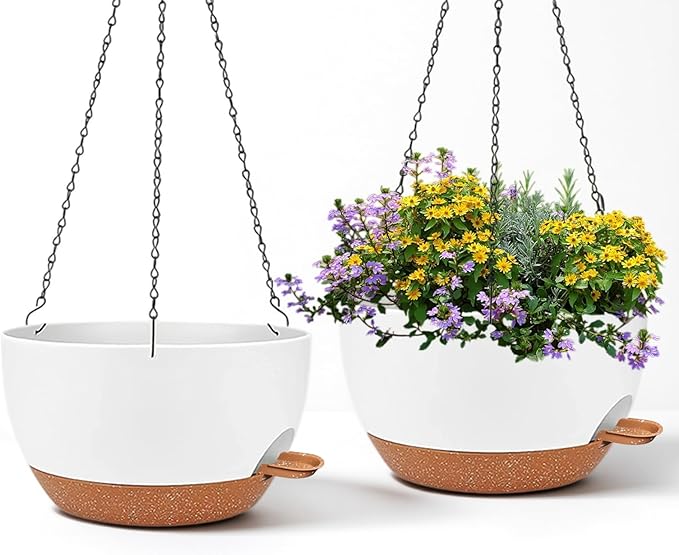 2 Pack 12 Inch Large Hanging Planters with Chains Self Watering White Brown Plastic Hanging Pots for Indoor Outdoor Plants, Garden Porch Home Decor，White Brown-CasaMuseHome