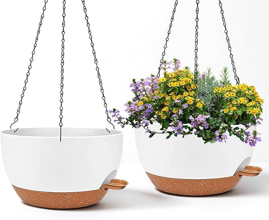 2 Pack 12 Inch Large Hanging Planters with Chains Self Watering White Brown Plastic Hanging Pots for Indoor Outdoor Plants, Garden Porch Home Decor，White Brown-CasaMuseHome