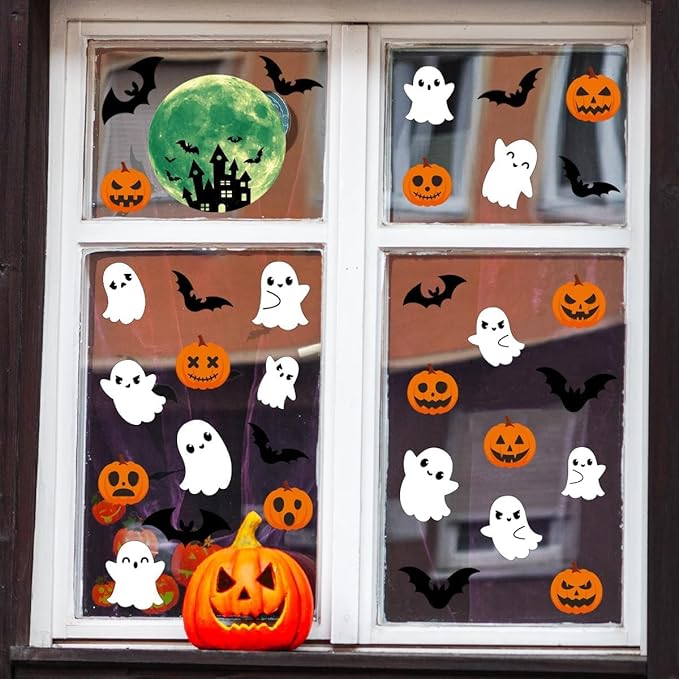 3 Sheets Glow in The Dark Halloween Window Clings Luminous Halloween Window Stickers Pumpkin Ghost Wall Decor Glowing Window Clings for Scary Halloween Theme Party Decorations-CasaMuseHome